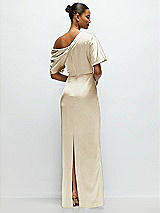 Rear View Thumbnail - Champagne Asymmetrical Off-the-Shoulder Pleated Satin Maxi Dress