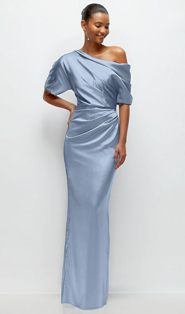 Front View - Cloudy Asymmetrical Off-the-Shoulder Pleated Satin Maxi Dress