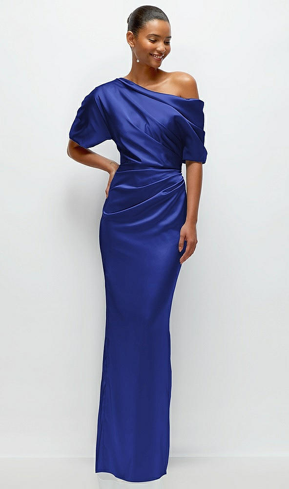 Front View - Cobalt Blue Asymmetrical Off-the-Shoulder Pleated Satin Maxi Dress