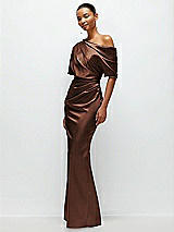 Side View Thumbnail - Cognac Asymmetrical Off-the-Shoulder Pleated Satin Maxi Dress