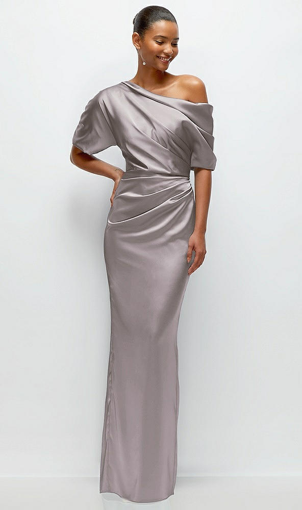 Front View - Cashmere Gray Asymmetrical Off-the-Shoulder Pleated Satin Maxi Dress