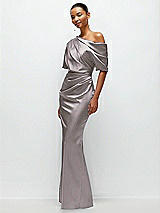 Side View Thumbnail - Cashmere Gray Asymmetrical Off-the-Shoulder Pleated Satin Maxi Dress