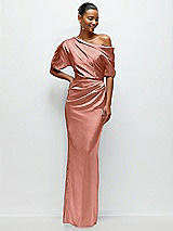 Front View Thumbnail - Desert Rose Asymmetrical Off-the-Shoulder Pleated Satin Maxi Dress