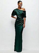 Front View Thumbnail - Evergreen Asymmetrical Off-the-Shoulder Pleated Satin Maxi Dress