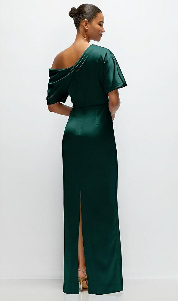 Back View - Evergreen Asymmetrical Off-the-Shoulder Pleated Satin Maxi Dress