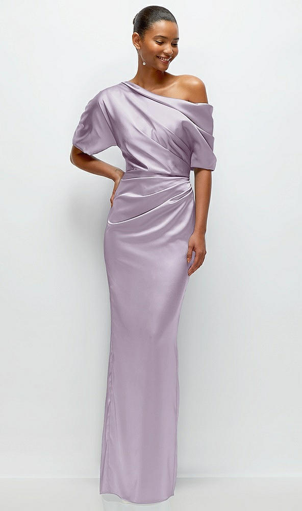 Front View - Lilac Haze Asymmetrical Off-the-Shoulder Pleated Satin Maxi Dress