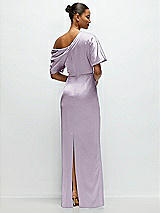 Rear View Thumbnail - Lilac Haze Asymmetrical Off-the-Shoulder Pleated Satin Maxi Dress