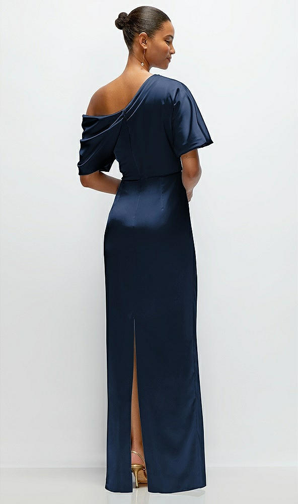 Back View - Midnight Navy Asymmetrical Off-the-Shoulder Pleated Satin Maxi Dress