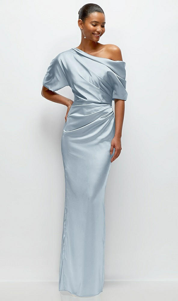 Front View - Mist Asymmetrical Off-the-Shoulder Pleated Satin Maxi Dress