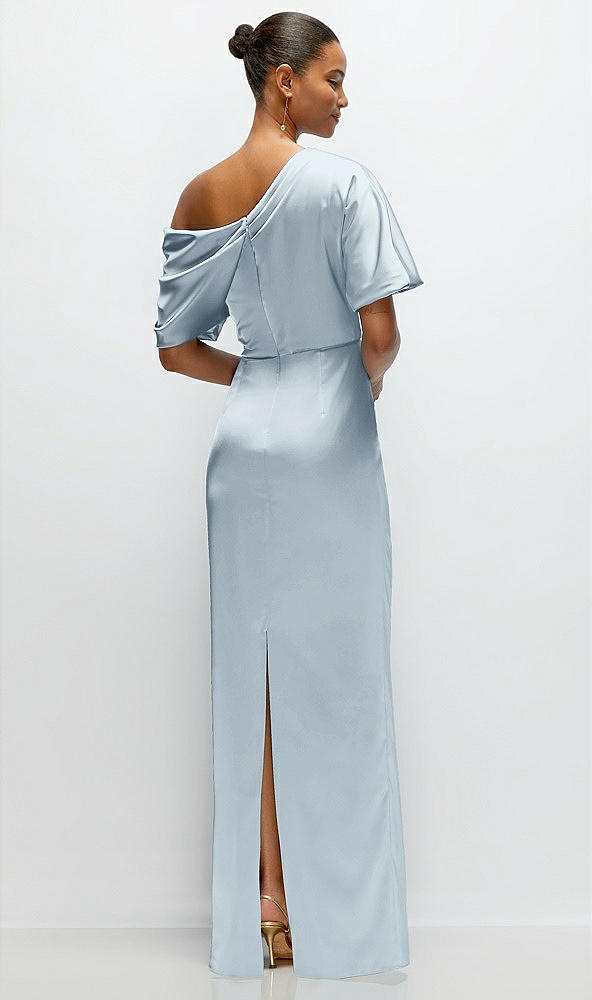 Back View - Mist Asymmetrical Off-the-Shoulder Pleated Satin Maxi Dress