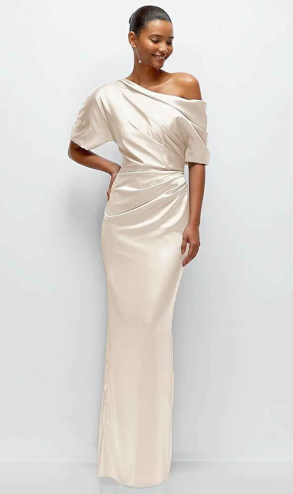 Front View - Oat Asymmetrical Off-the-Shoulder Pleated Satin Maxi Dress