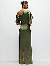 Rear View Thumbnail - Olive Green Asymmetrical Off-the-Shoulder Pleated Satin Maxi Dress