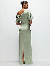 Rear View Thumbnail - Sage Asymmetrical Off-the-Shoulder Pleated Satin Maxi Dress