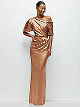 Front View Thumbnail - Toffee Asymmetrical Off-the-Shoulder Pleated Satin Maxi Dress