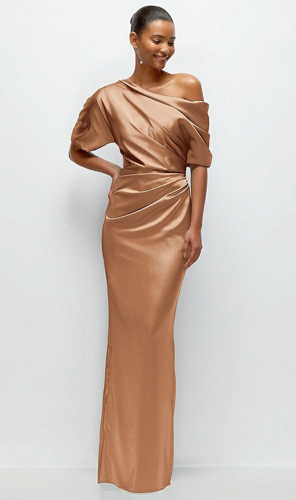 Front View - Toffee Asymmetrical Off-the-Shoulder Pleated Satin Maxi Dress