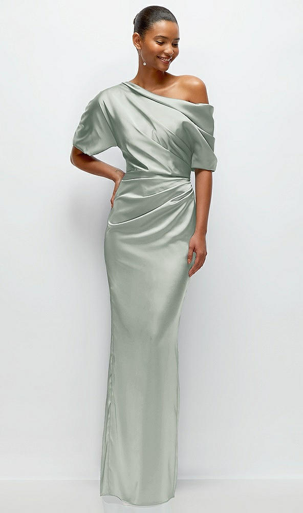 Front View - Willow Green Asymmetrical Off-the-Shoulder Pleated Satin Maxi Dress