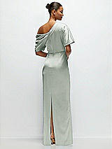 Rear View Thumbnail - Willow Green Asymmetrical Off-the-Shoulder Pleated Satin Maxi Dress