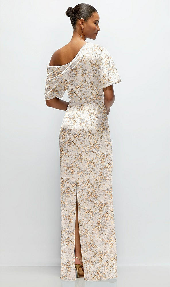 Back View - Golden Hour Asymmetrical Off-the-Shoulder Draped Floral Satin Maxi Dress