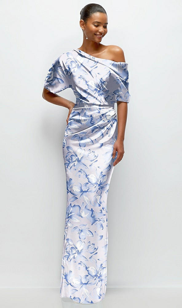 Front View - Magnolia Sky Asymmetrical Off-the-Shoulder Draped Floral Satin Maxi Dress