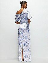 Rear View Thumbnail - Magnolia Sky Asymmetrical Off-the-Shoulder Draped Floral Satin Maxi Dress