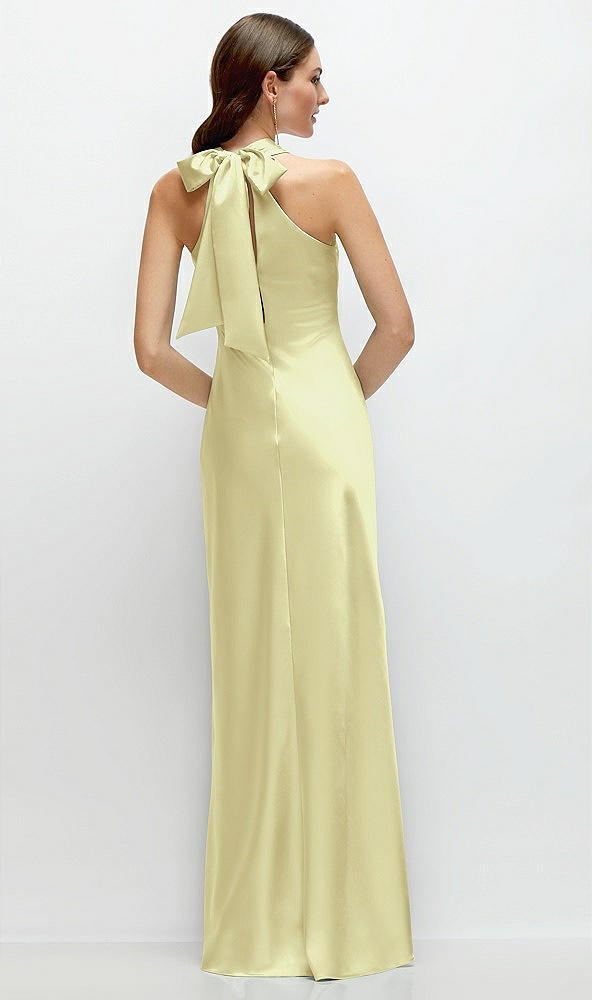 Back View - Butter Yellow Pleated Halter Bias Satin Maxi Dress with Self-Tie Bow Back