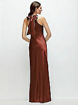 Rear View Thumbnail - Auburn Moon Pleated Halter Bias Satin Maxi Dress with Self-Tie Bow Back