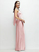 Side View Thumbnail - Ballet Pink Pleated Halter Bias Satin Maxi Dress with Self-Tie Bow Back