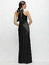 Rear View Thumbnail - Black Pleated Halter Bias Satin Maxi Dress with Self-Tie Bow Back