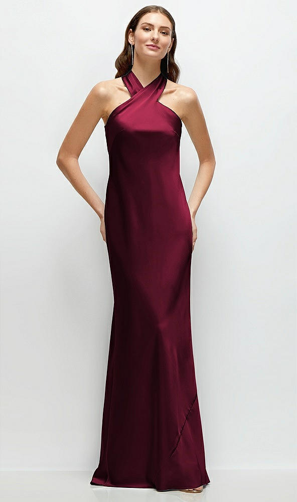 Front View - Cabernet Pleated Halter Bias Satin Maxi Dress with Self-Tie Bow Back