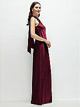 Side View Thumbnail - Cabernet Pleated Halter Bias Satin Maxi Dress with Self-Tie Bow Back