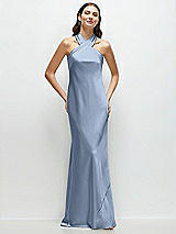 Front View Thumbnail - Cloudy Pleated Halter Bias Satin Maxi Dress with Self-Tie Bow Back