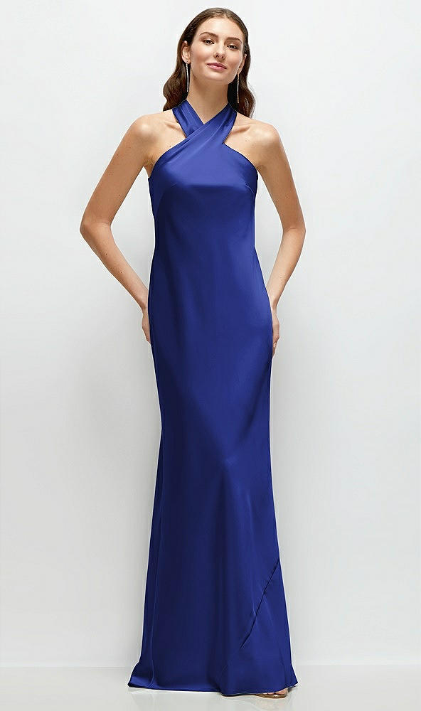 Front View - Cobalt Blue Pleated Halter Bias Satin Maxi Dress with Self-Tie Bow Back