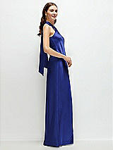 Side View Thumbnail - Cobalt Blue Pleated Halter Bias Satin Maxi Dress with Self-Tie Bow Back