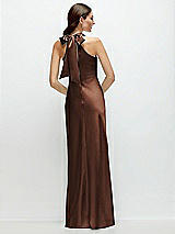 Rear View Thumbnail - Cognac Pleated Halter Bias Satin Maxi Dress with Self-Tie Bow Back