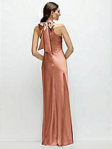 Rear View Thumbnail - Copper Penny Pleated Halter Bias Satin Maxi Dress with Self-Tie Bow Back