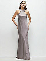 Front View Thumbnail - Cashmere Gray Pleated Halter Bias Satin Maxi Dress with Self-Tie Bow Back