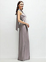 Side View Thumbnail - Cashmere Gray Pleated Halter Bias Satin Maxi Dress with Self-Tie Bow Back