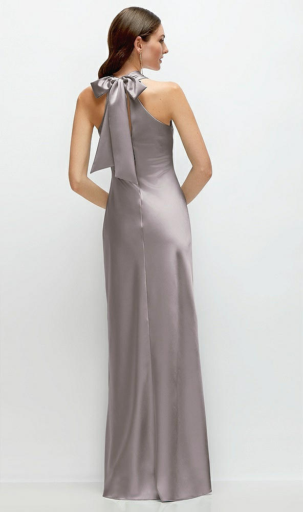 Back View - Cashmere Gray Pleated Halter Bias Satin Maxi Dress with Self-Tie Bow Back