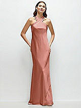 Front View Thumbnail - Desert Rose Pleated Halter Bias Satin Maxi Dress with Self-Tie Bow Back