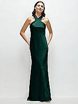 Front View Thumbnail - Evergreen Pleated Halter Bias Satin Maxi Dress with Self-Tie Bow Back