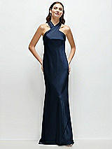 Front View Thumbnail - Midnight Navy Pleated Halter Bias Satin Maxi Dress with Self-Tie Bow Back