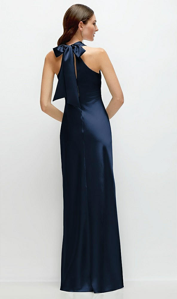 Back View - Midnight Navy Pleated Halter Bias Satin Maxi Dress with Self-Tie Bow Back