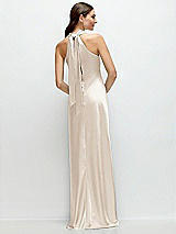 Alt View 1 Thumbnail - Oat Pleated Halter Bias Satin Maxi Dress with Self-Tie Bow Back