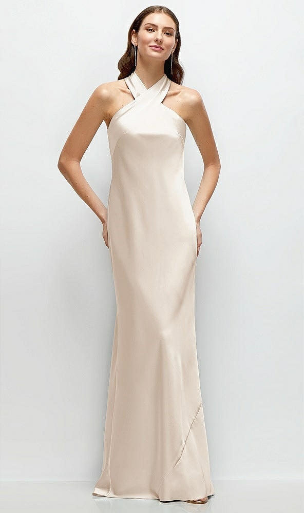 Front View - Oat Pleated Halter Bias Satin Maxi Dress with Self-Tie Bow Back