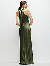 Alt View 1 Thumbnail - Olive Green Pleated Halter Bias Satin Maxi Dress with Self-Tie Bow Back