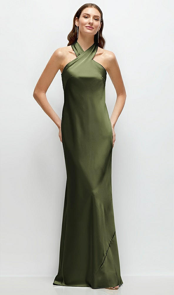 Front View - Olive Green Pleated Halter Bias Satin Maxi Dress with Self-Tie Bow Back