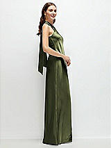 Side View Thumbnail - Olive Green Pleated Halter Bias Satin Maxi Dress with Self-Tie Bow Back