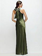 Rear View Thumbnail - Olive Green Pleated Halter Bias Satin Maxi Dress with Self-Tie Bow Back