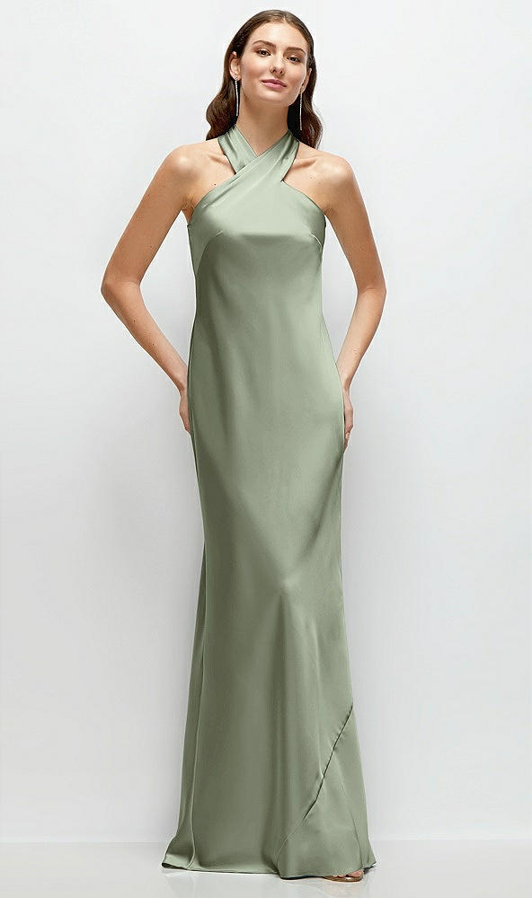 Front View - Sage Pleated Halter Bias Satin Maxi Dress with Self-Tie Bow Back