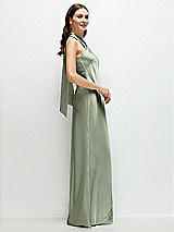 Side View Thumbnail - Sage Pleated Halter Bias Satin Maxi Dress with Self-Tie Bow Back